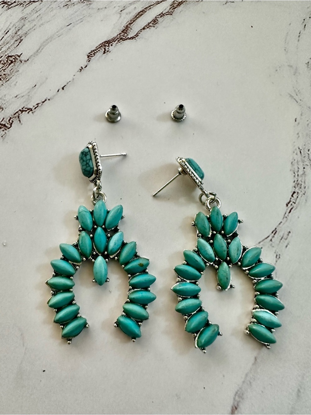 Faux Turquoise Dangling Earrings In Sivertone Casual Summer Boho Brand New